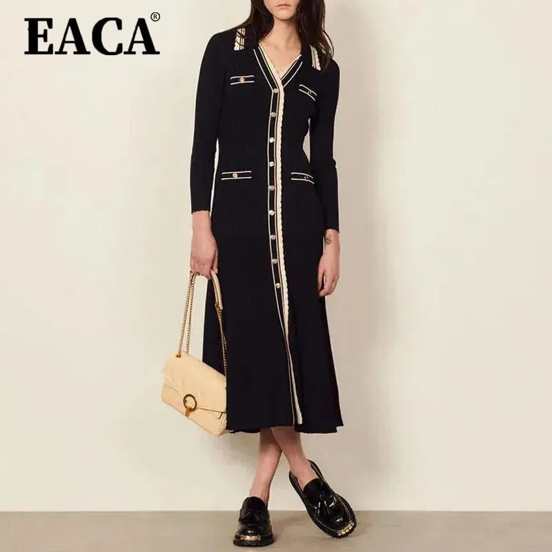 

EACA New French V-neck Color Contrast Striped Fishtail Long Pre-fall Single-breasted Knit Slim Long-sleeved Dress For Women 2025