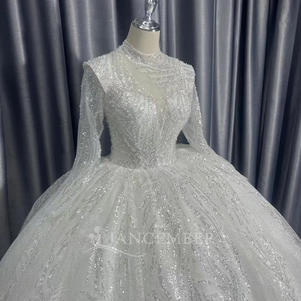 하이넥 프린트 웨딩드레스 클래식 볼 가운 플로어 길이 오간자 프린세스 볼 가운 맞춤 제작 웨딩드레스