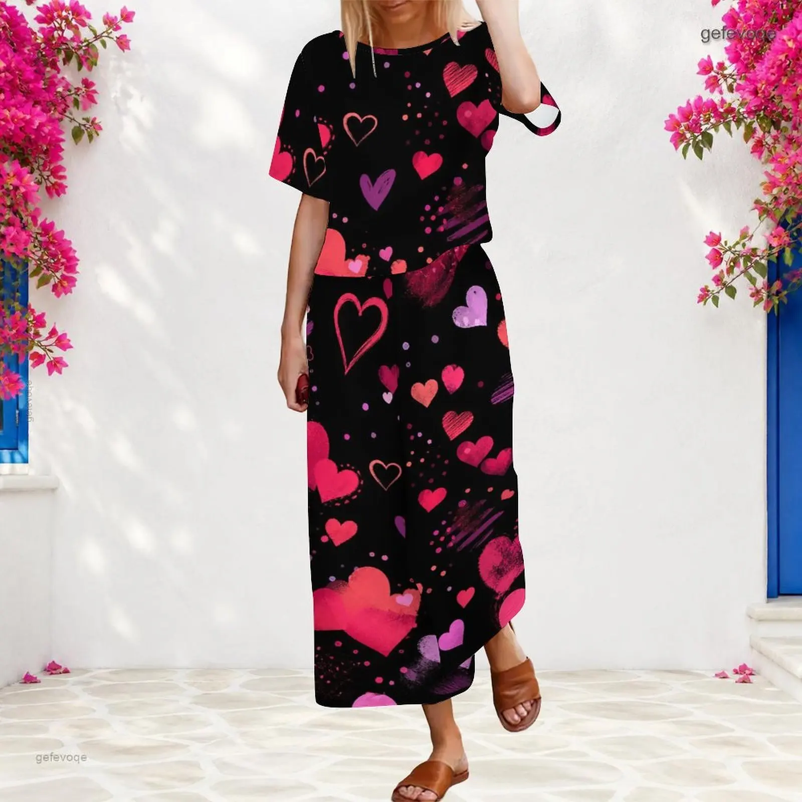 Women 2 Piece Outfit Round Neck Short Sleeve Top With Elastic Waist Wide Leg Pants Set Custom Print Ladies Casual Loungewear