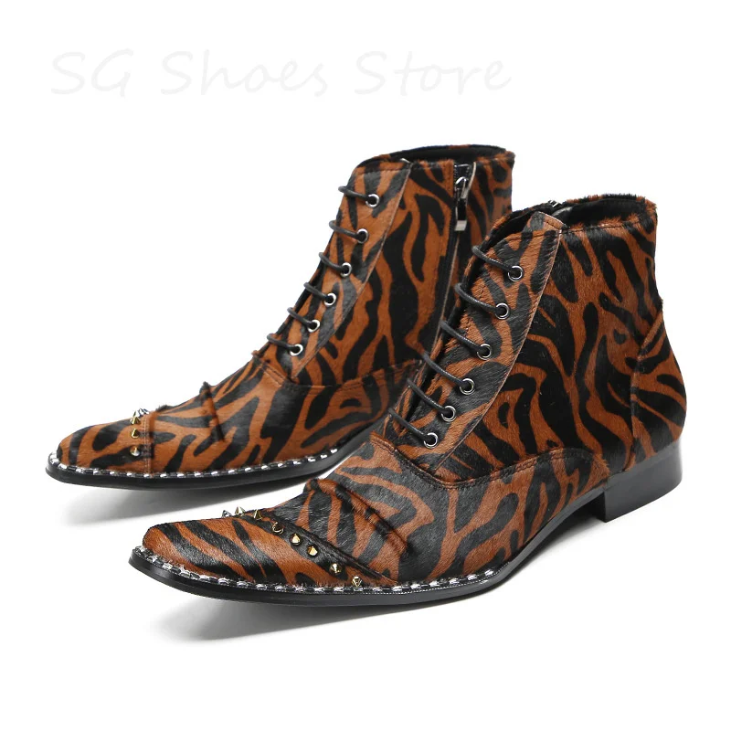 

British Style Leopard Prints Chelsea Boots for Men Genuine Leather Rivet Chunky Heel Ankle Boots Male Lace-Up Winter Warm Shoes