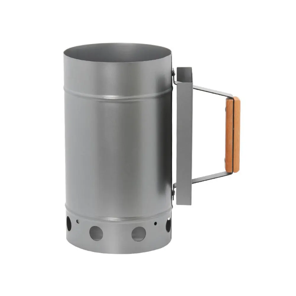Outdoor Charcoal Ignition Bucket with Solid Wood Handle Zinc Iron Alloy Construction Efficient Air Flow for BBQ Oven