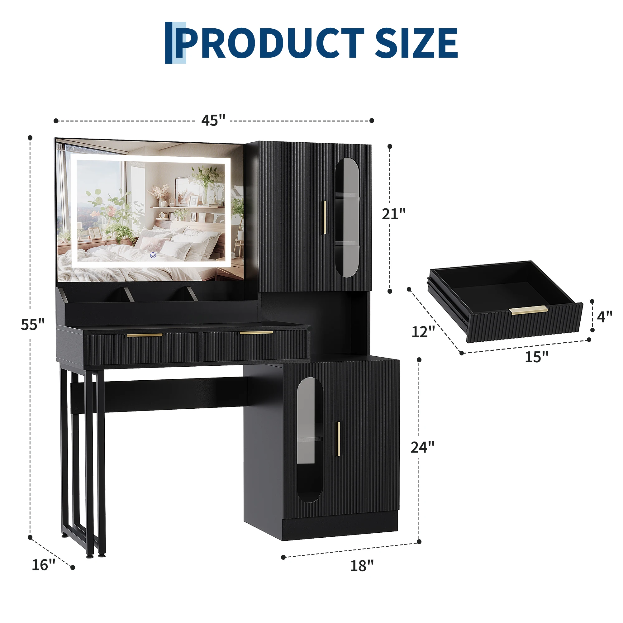 Modern Fluted Vanity Desk with Mirror and 3-Color LED Lights, Large Drawers, Cabinets, Built-in Charging Station, USB Ports & Outlets, Makeup Dressing Table for Bedroom, Girls, Teens & Women