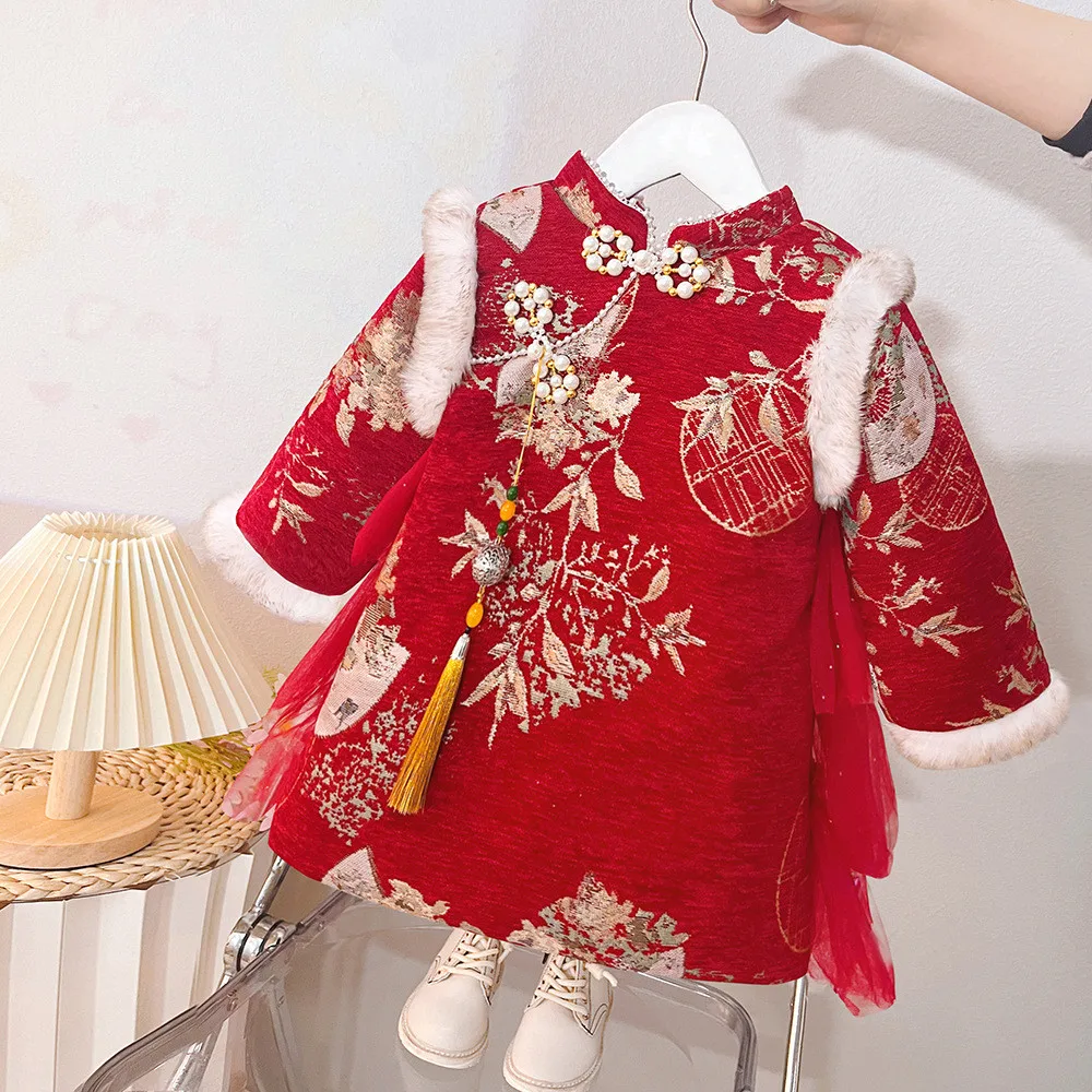 Baby Girls Thicken Cheongsam Dress Winter Chinese Hanfu Kids Dresses Baby Traditional Chinese Flower Girl Dress New Year Dress