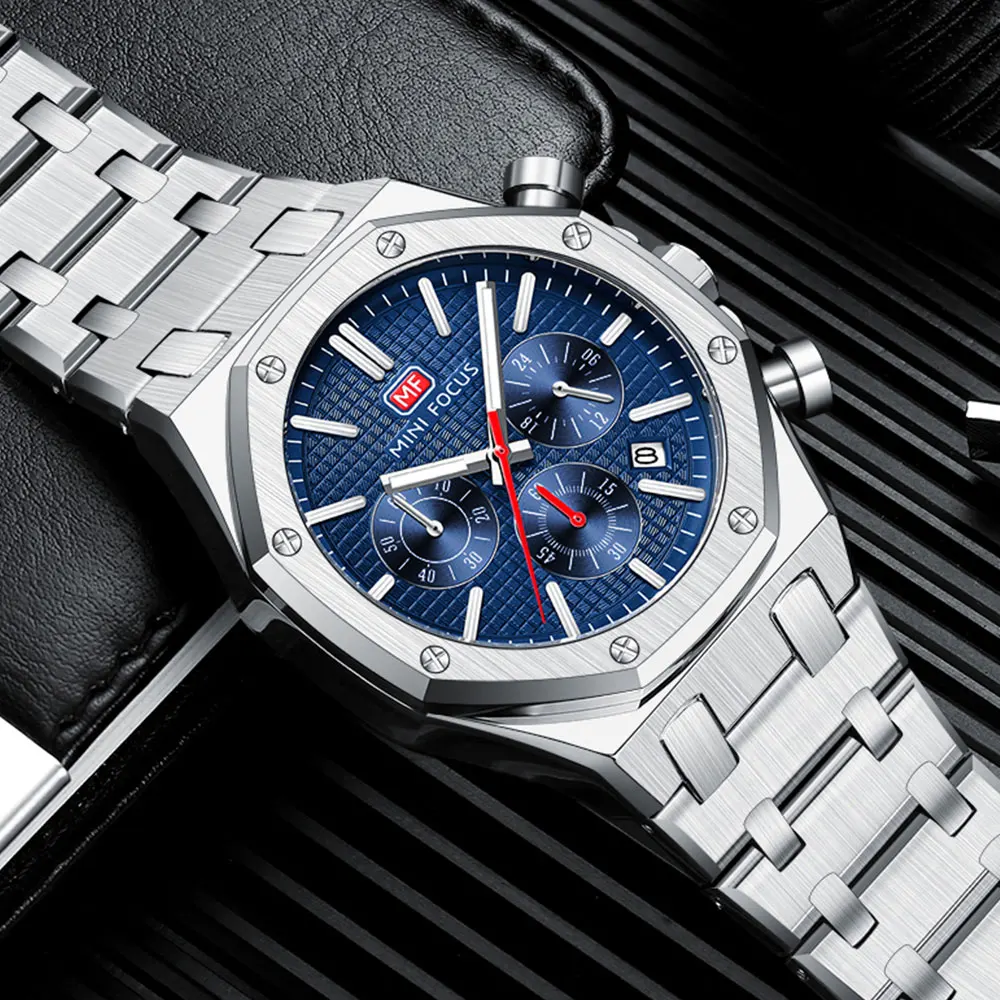 MINI FOCUS New Business Quartz Watch for Men Fashion Waterproof Chronograph Luminous Wristwatch with Stainless Steel Strap Date