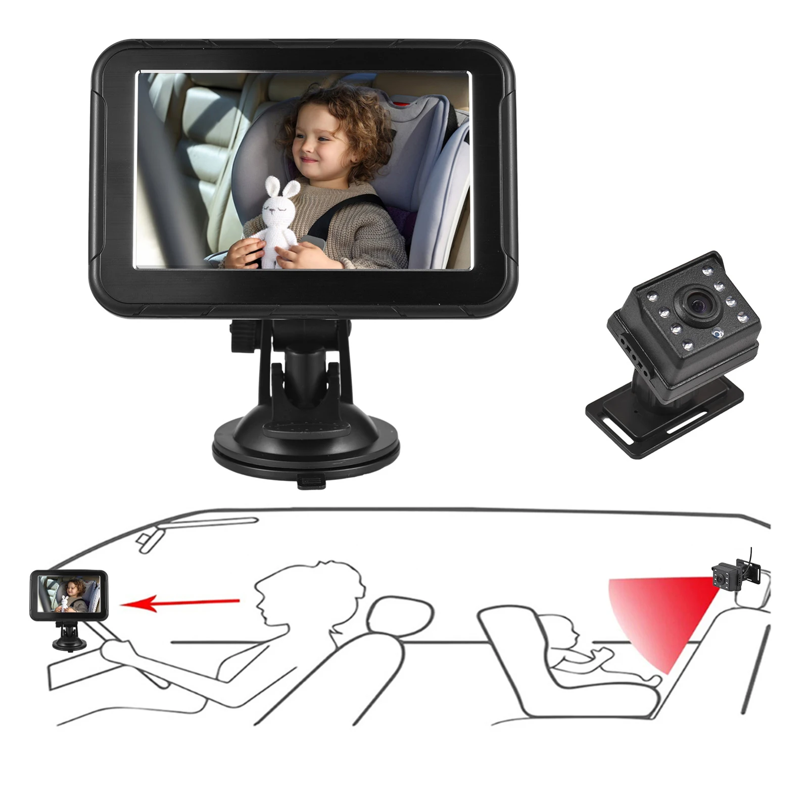 

1080P Baby Car Camera Baby Car Monitor Backseat Camera for Kids 5-inch Mirror Display 360°Rotation 150°Wide Angle Night Vision