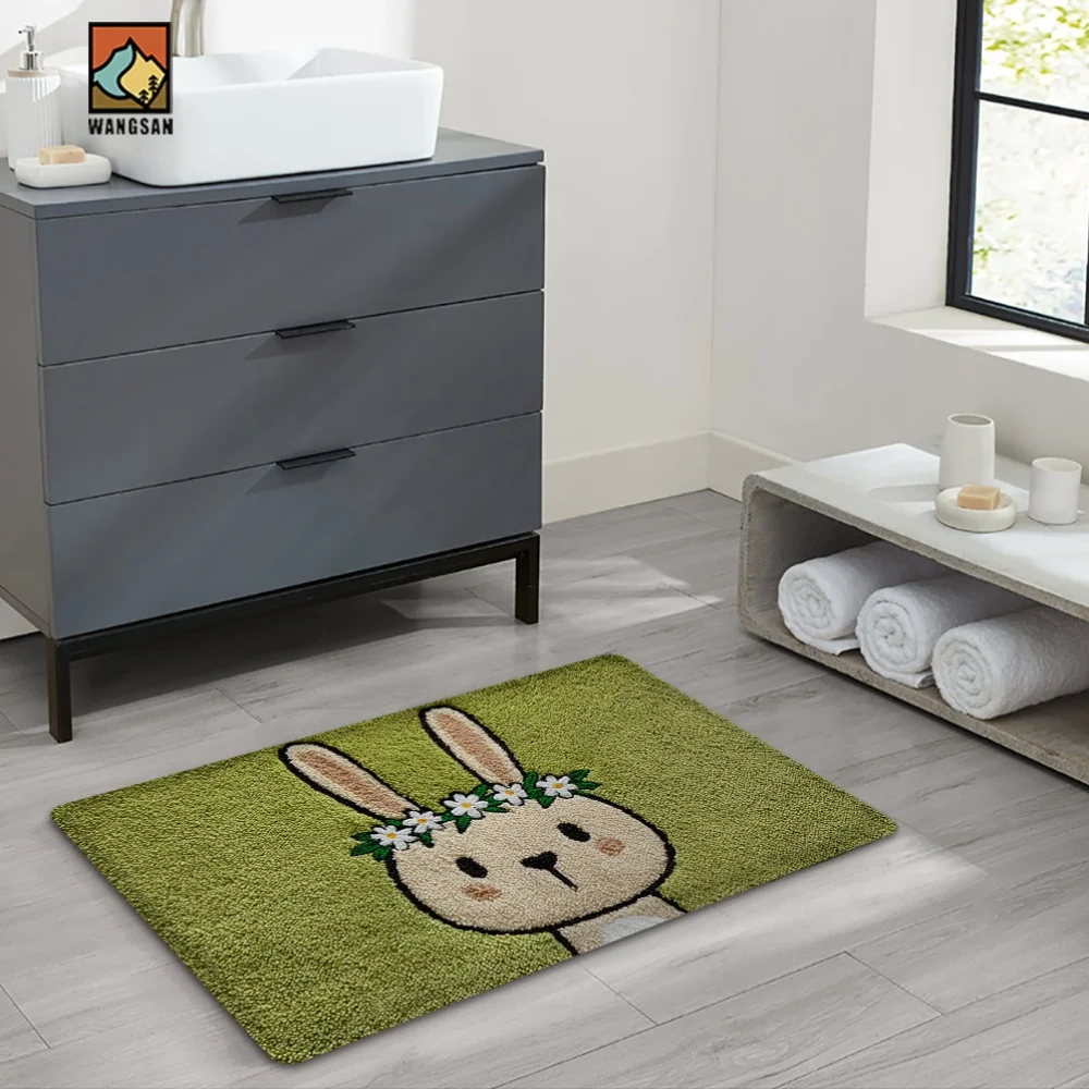 2D Flat Cute Rabbit Wearing Daisy Flower Crown Green Grass Texture Flannel Bath Mat Non Slip Easter Spring Rug For Bathroom