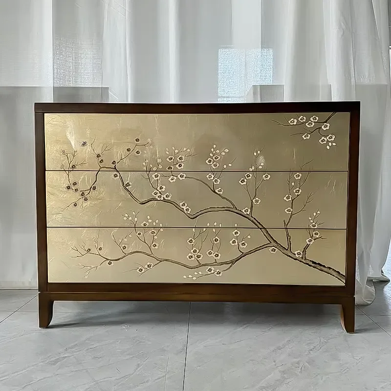 Hand-Painted Gold Leaf Modern Bedroom Vanity Dresser Wood Entryway Console Table with Mirror