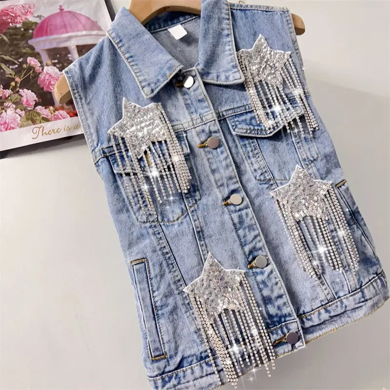 Colete jeans de lantejoulas feminino, corrente de diamantes borlas bordadas de estrelas, colete jeans com franjadas, regata de cowboy, primavera e verão