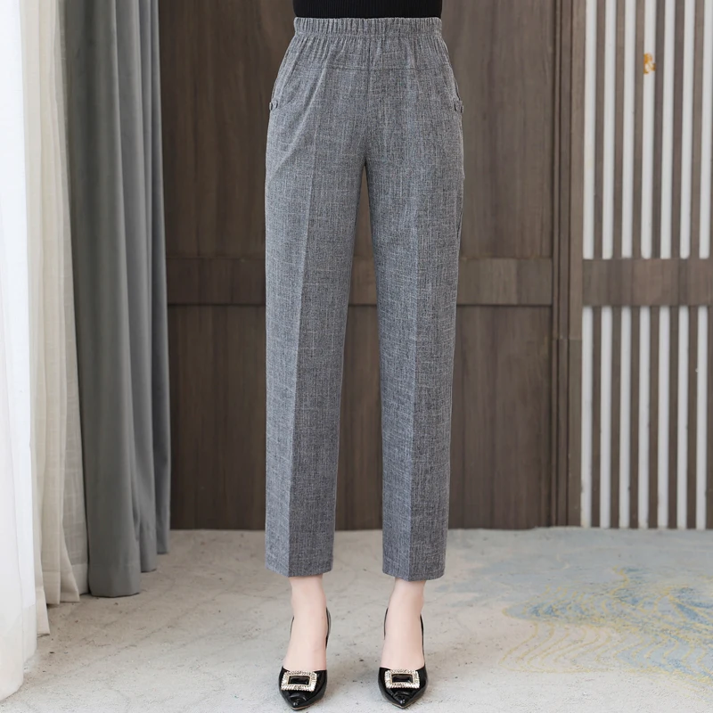 Summer Cotton Linen Pants for Women Bottoms 2023 New Elegant Classic Elastic Waist Harem Pants Woman High Waisted Trousers