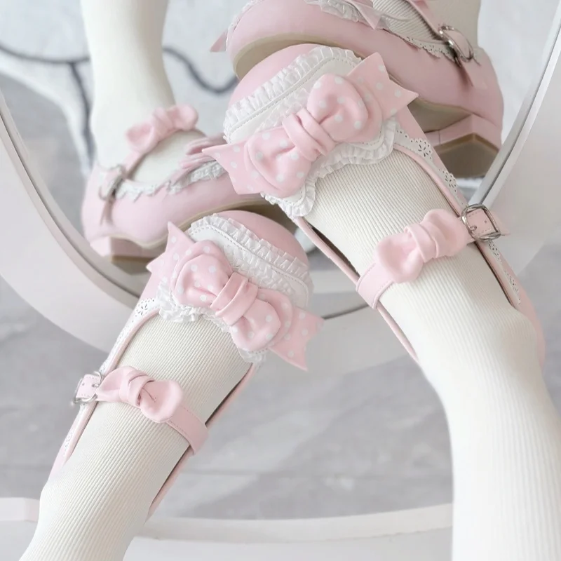 Japanese Sweet Lolita Women Candy Color Bow Low Lace Heel Flat Heel Small Leather Shoes Round Head Cute Single Girls Shoes Lo