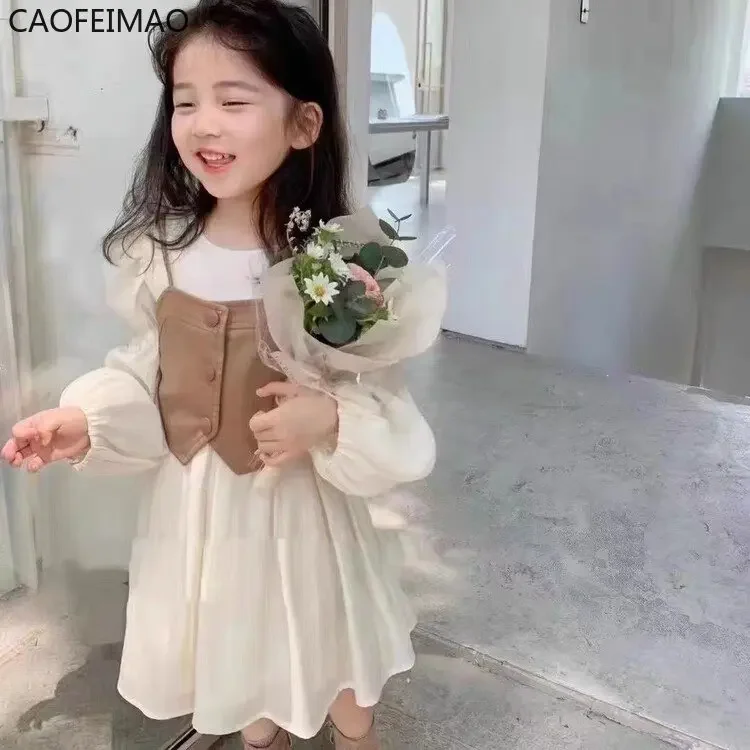 

Caofeimao Spring Autumn Baby Suits Girl Vest + Long Sleeve Dresses 2piece Kids Cute Princess Dress Children Chiffon Vestido