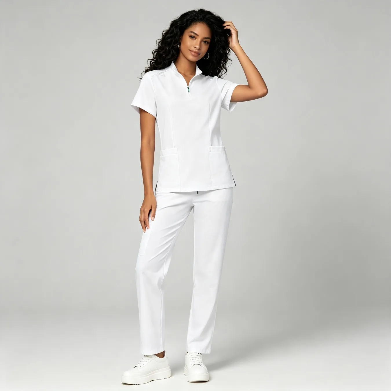 Stand Collar Short Sleeve Lightweight Work Uniform Straight Elastic Pants Scrub Set For Doctors And Nurses