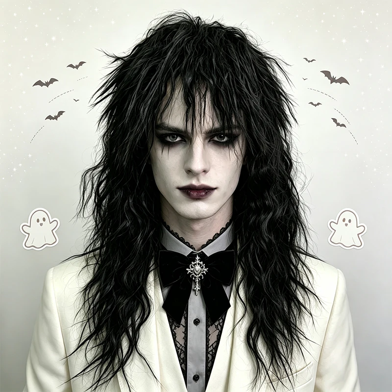 Black Long Shaggy Curly Wig Synthetic Hair 80s Punk Rock Gothic Cosplay Halloween Costume Party Full Wigs For Men Women