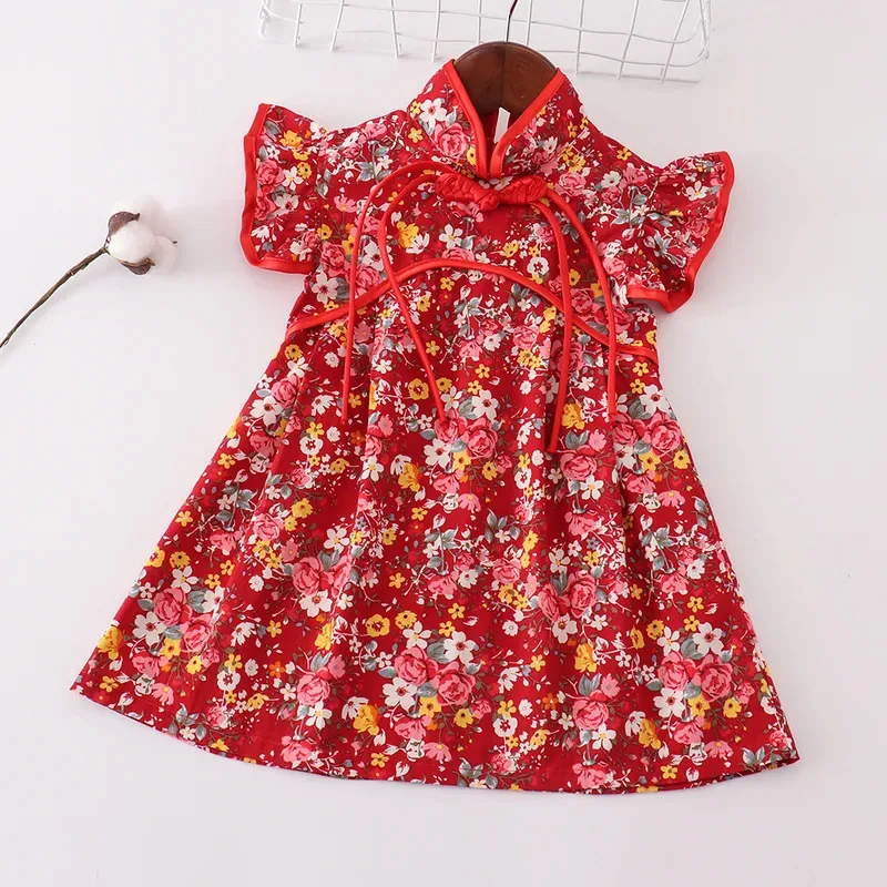 

Fashion Baby Chinese Dress Qipao Costume Summer Red Girls Dresses Casual Perform Girl Clothes Cheongsams Kids Outfit Vestidos