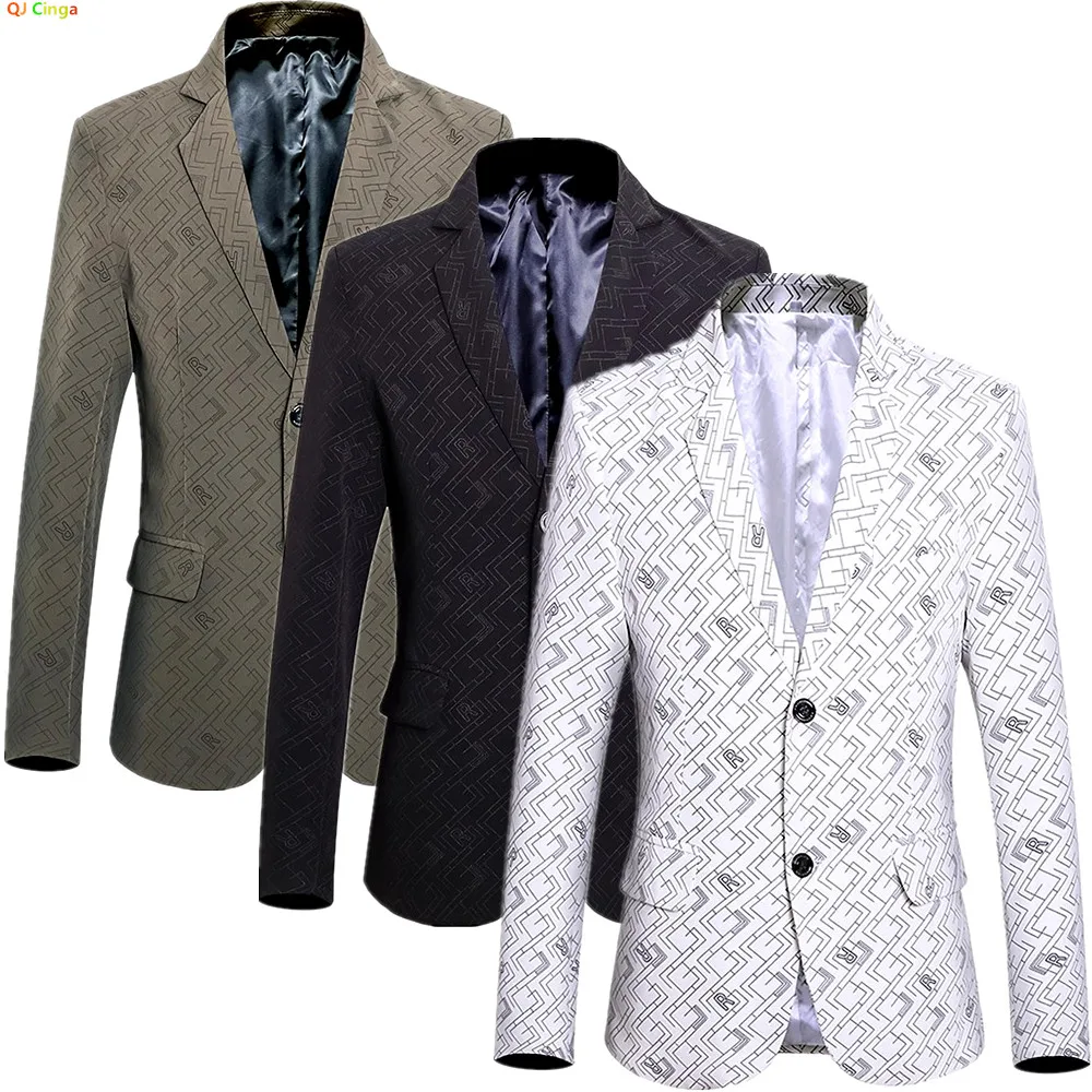 

New Autumn White Men's Long-sleeved Suit Jacket, Asian-sized Fitted Evening Coat, Black and Khaki Blazers.