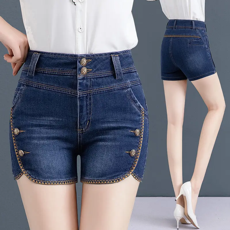 

High Waist Women Super Shorts Summer Fashion Denim Cotton Button Elastic Ladies Skinny Cyber Fit Jeans Short Bottoms Pants Q442