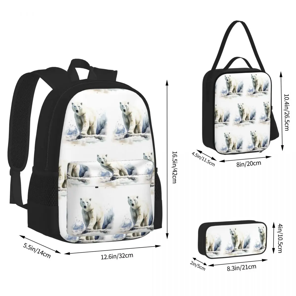 Watercolor Standing In The Snow Polar Bear Backpacks Boys Girls Bookbag School Bags Rucksack Lunch Bag Pen Bag Three-Piece Set
