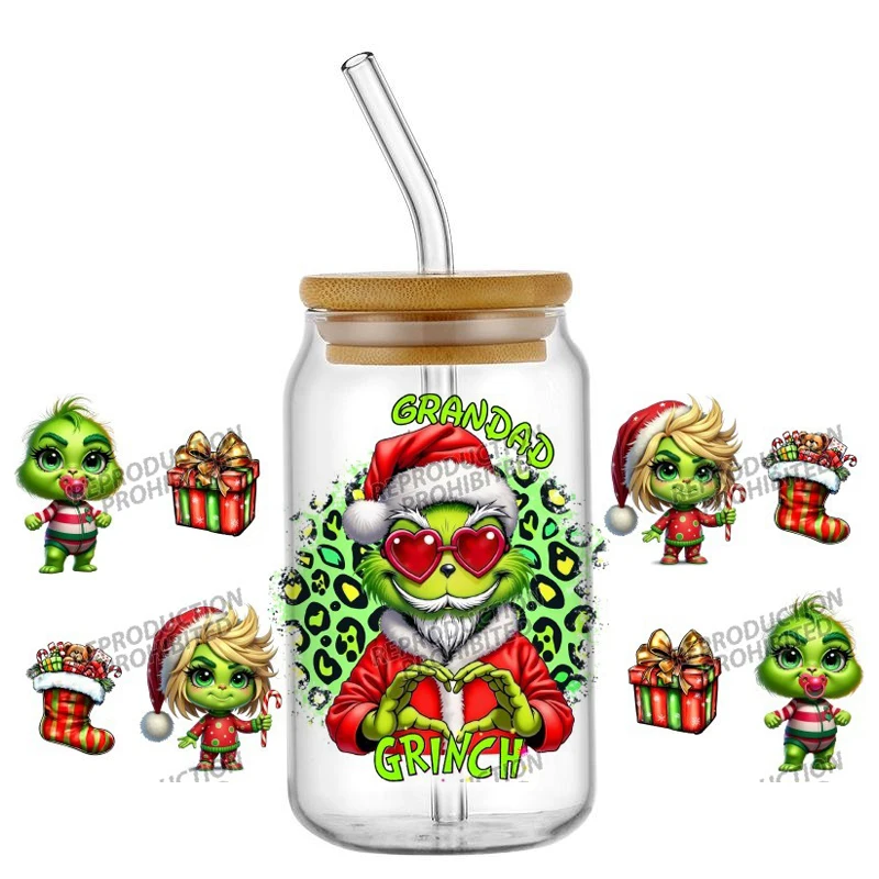 Waterproof Scratch Resistant UV DTF Cup Sticker Christmas Green Cartoon Figure No Heat Transfer for 16oz Libbey Glass Can Decor