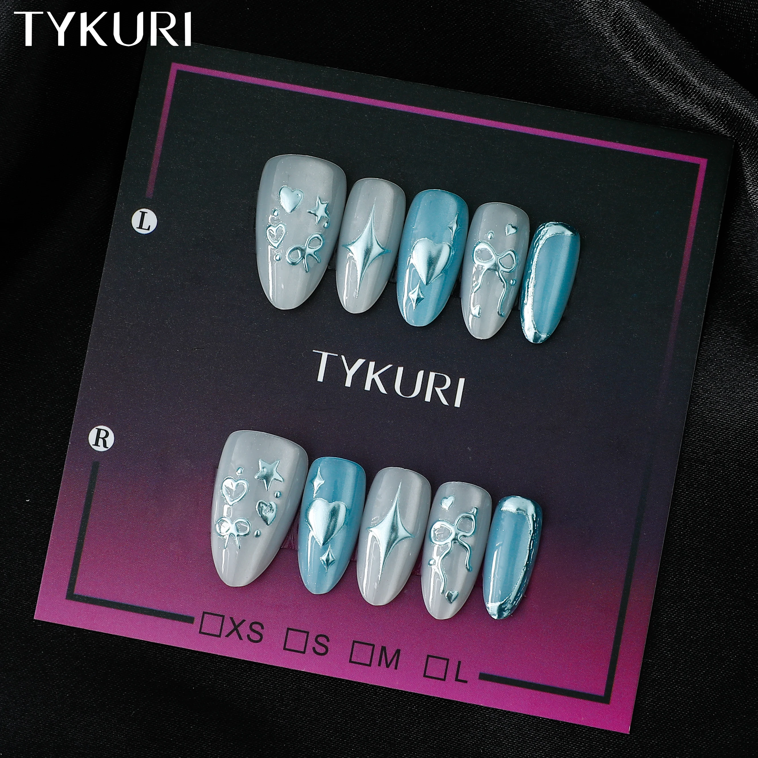 

TYKURI 2026, новый миндальный пресс на ногтях, накладные ногти с синим бантом и желейным клеем, комплект и милый дизайн ручной работы