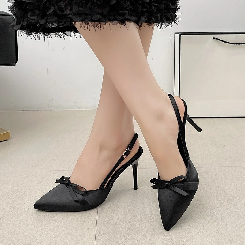 صنادل باوتو الخنجر أزياء أشار تو الفم الضحلة القوس الساتان زلة زلة الكعب العالي