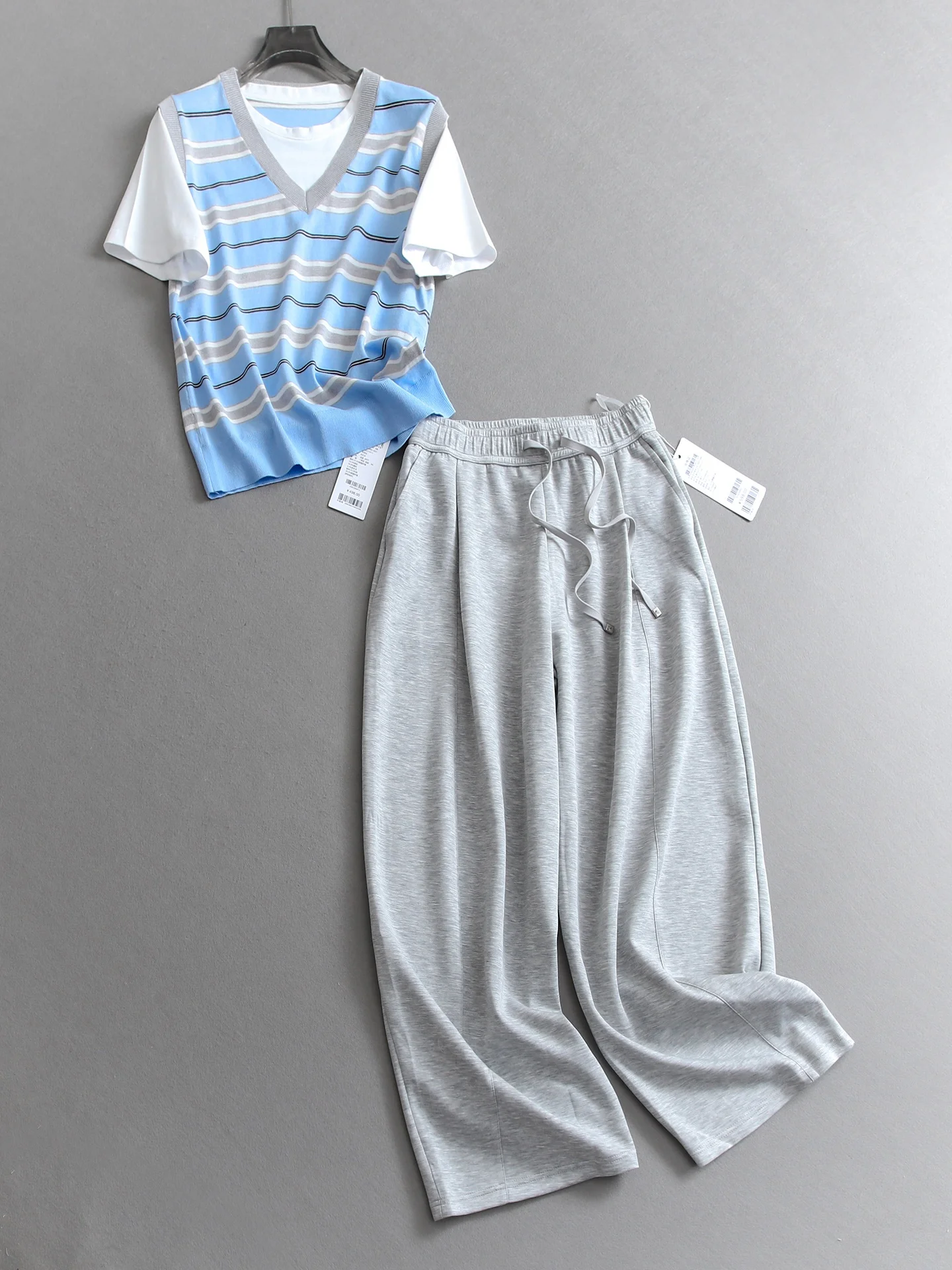 

Color Block Stripe Splice Short Sleeve Knitted Top High Elastic Waist Casual Pants Women Set R950 Summer Fashion Ensemble