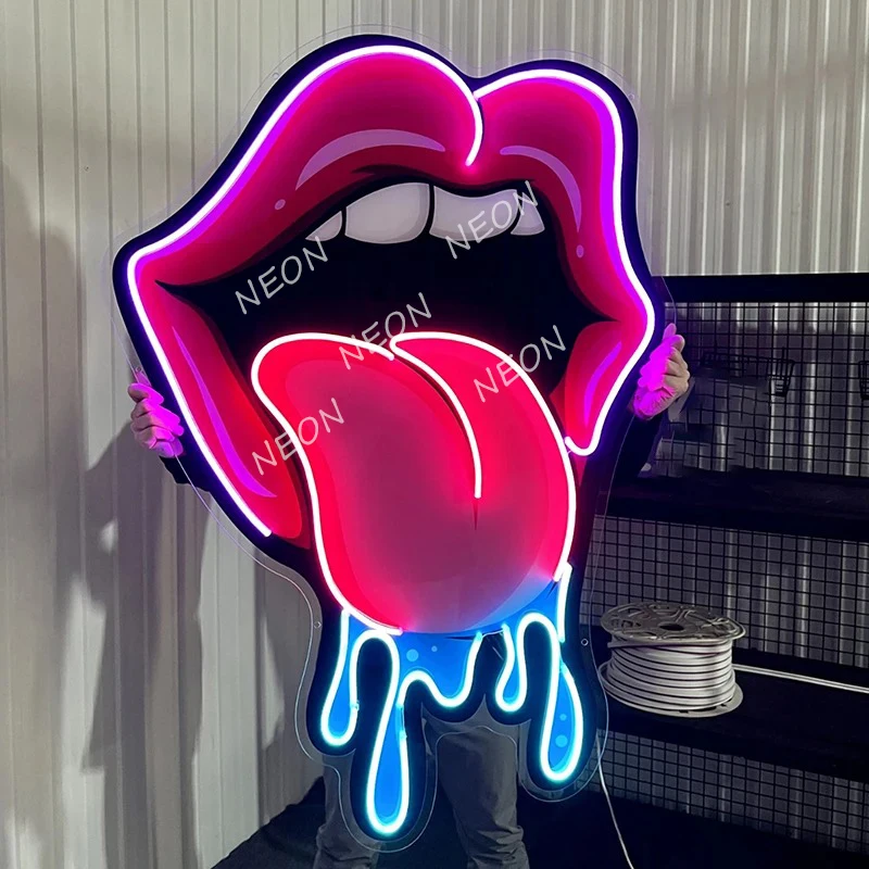 Lips Dripping Led Neon Acrylic Artwork Lips and Tongue Neon Signs Living Room Bedroom Wall Decor Party Bar Decoration Neon Light