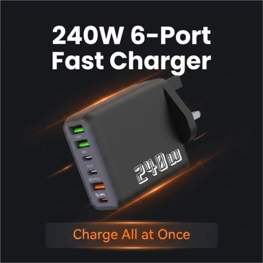 240W USB C Charger Fast Charging 6 Ports PD Quick Charge Wall Charger Adapter UK Plug for iPhone Samsung MacBook Laptop