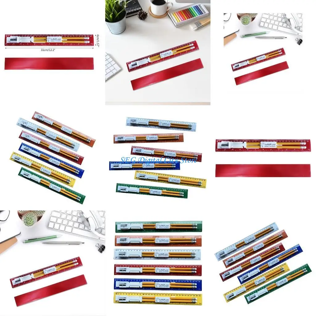 

U75B Essential Stationery 30cm Colorful Rulers, Pencil Sharpener, Pencils and Eraser