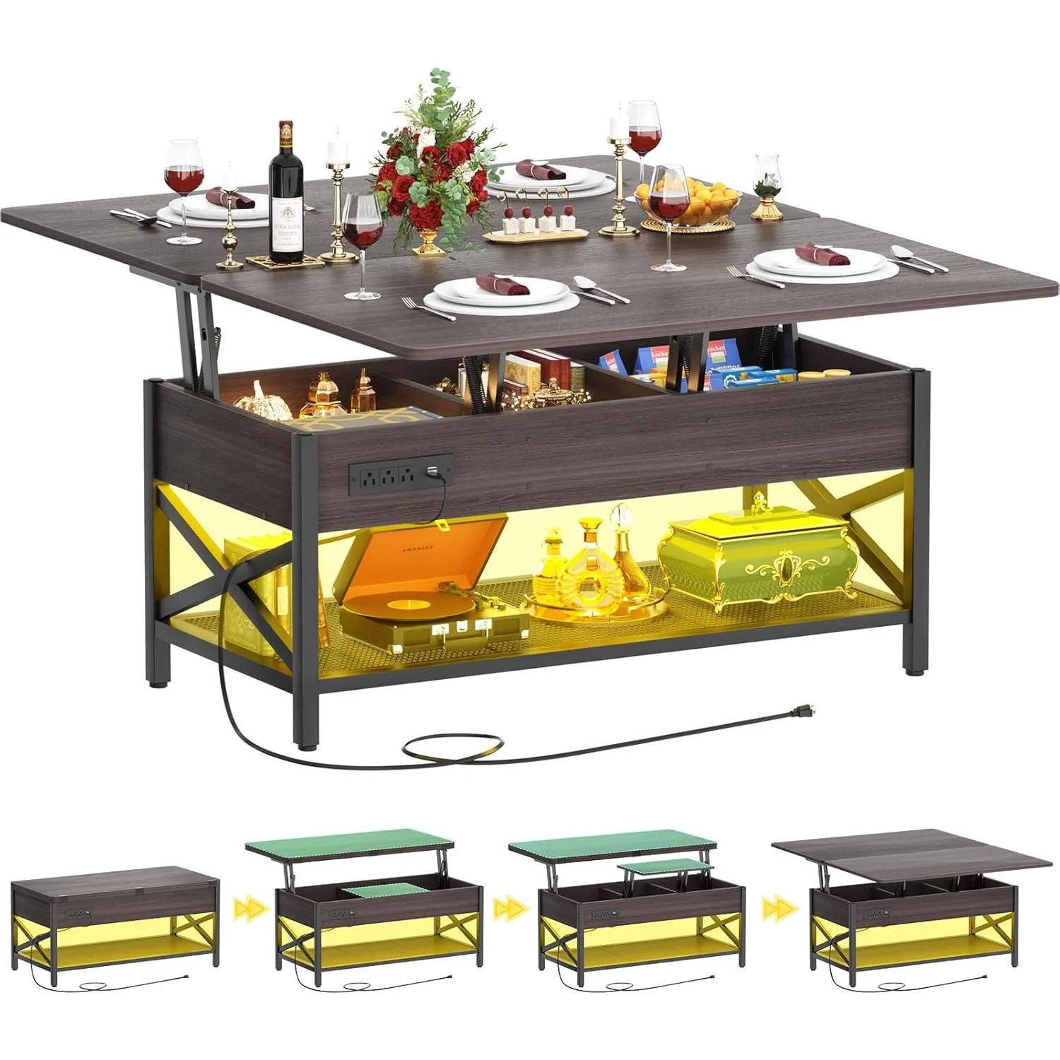 

Coffee Table Lift Top Multi-Function Coffee Table Converts to Dining Table, with LED Light and Power Outlet, Customized