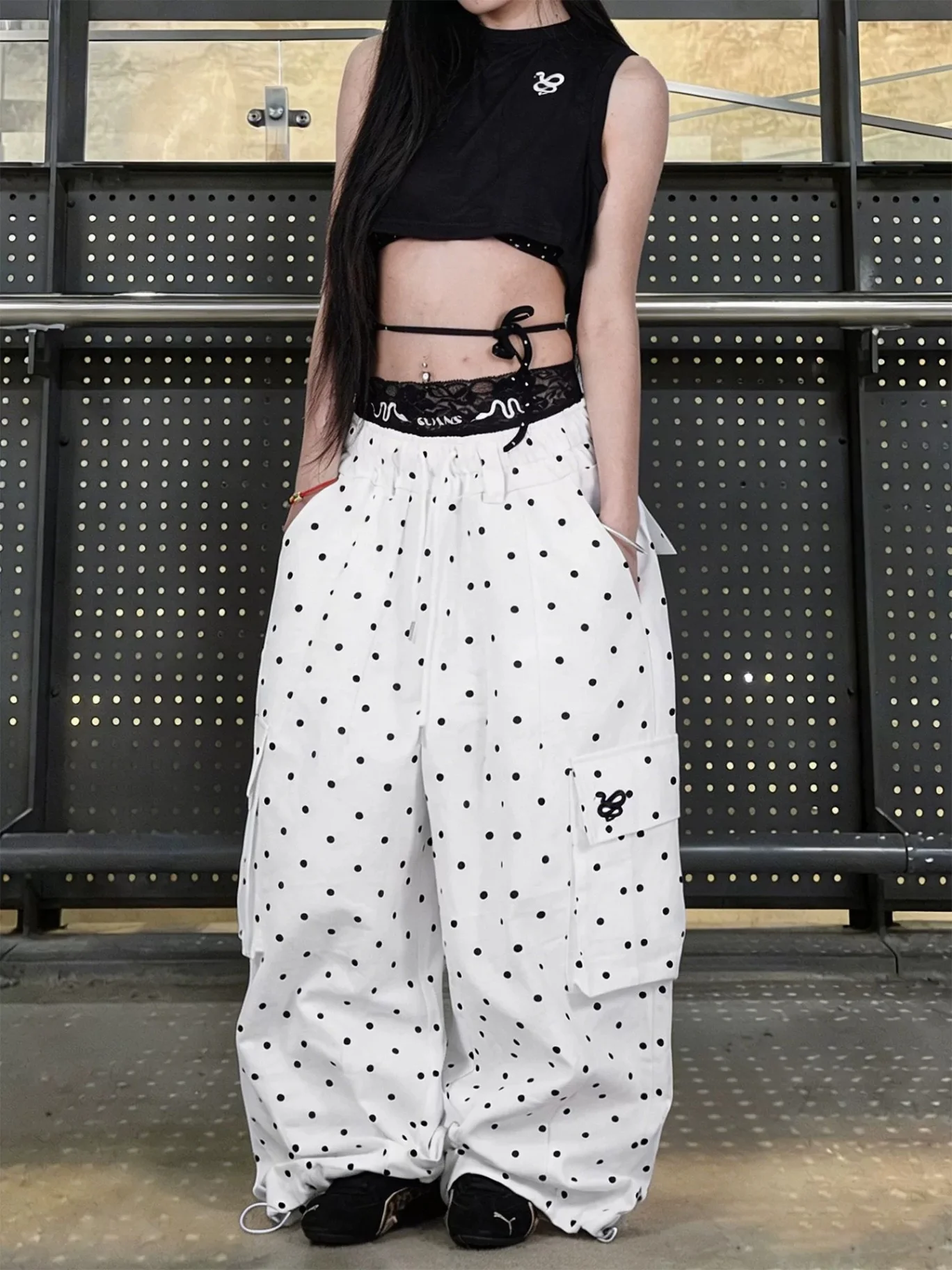 Woman Black Polka Dot Linen Pants Women Wide Leg Summer Trousers Baggy For Ladies White Oversize Cotton Linen Pants