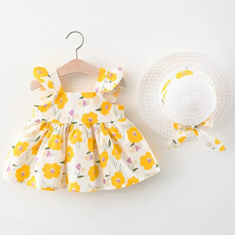 

Summer Newborn Girls Clothes Korean Cute Flowers Print Sleeveless Cotton Toddler Dress+Sunhat Kids Dresses Baby Clothing BC010