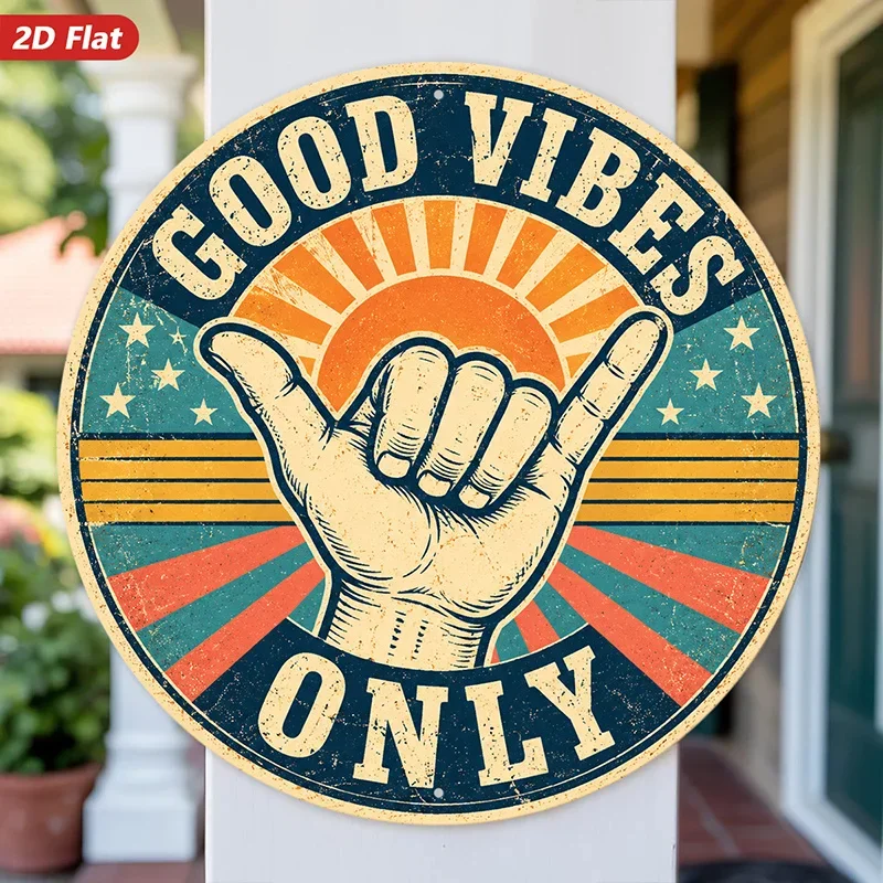 2D Flat, 1pc Round Metal Sign Wall Art, Good Vibes solely Home Decor, Hand Gesture Art, Retro Style, Color - Blocked Design, Sun