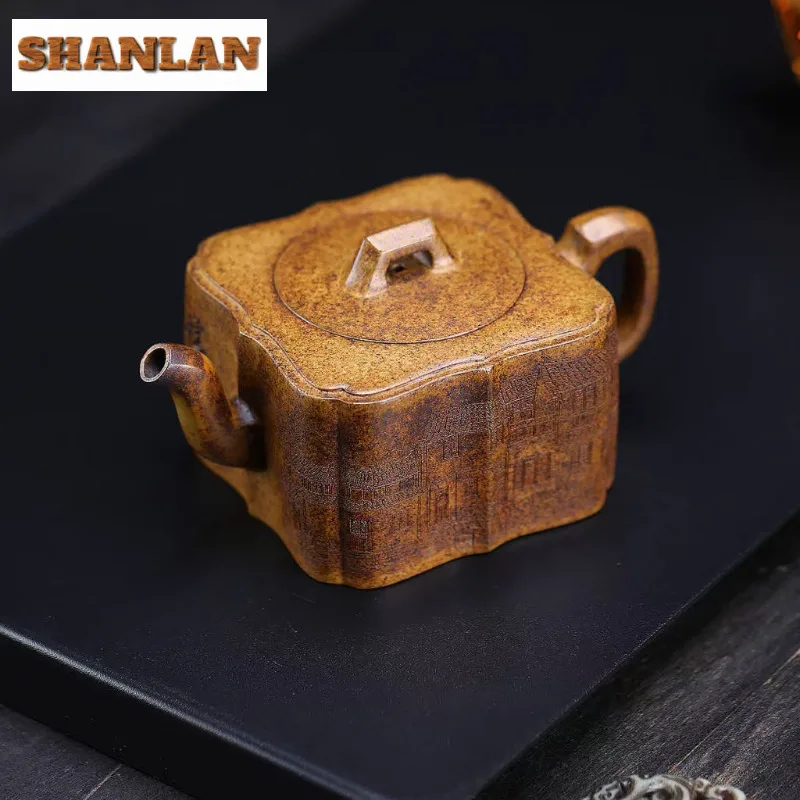 

300ml Elegant Yixing Purple Clay Teapots Master Handmade Square Pot Raw Ore Wood-fired Porcelain Mud Kettle Zisha Tea Set Craft