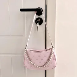 Xiuya Pink Womens Shoulder Bag Elegant Cute Bow Pearl Chains Bow Embroidery Handbag Casual Leather Korean Fashion Female Handbag