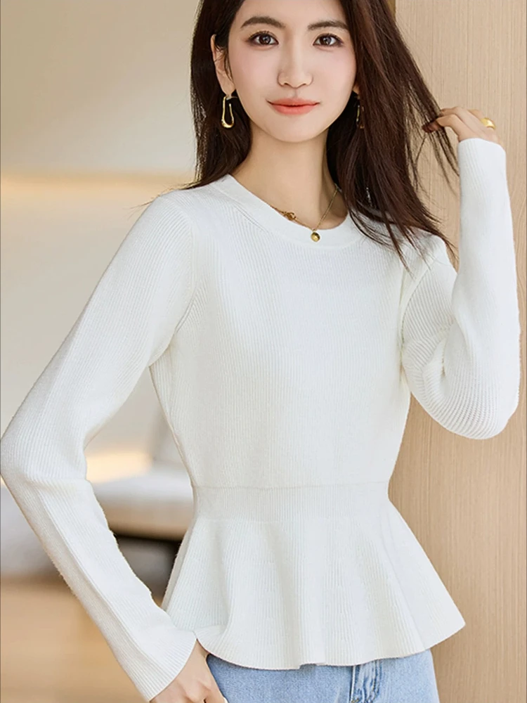 Women Round Neck Peplum Knit Sweater Elastic Slim Waist Long Sleeve Solid Knit Top Elegant Ruffle Hem Ladies Knitwear Blouse
