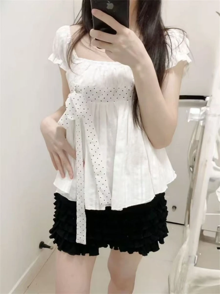 Cute Korean Fashion Polka Dot Bow Puff Sleeve White Black 2-piece Set Blouse Ruffle Shorts Women Girls Daily Streetwear Outfit - view 3