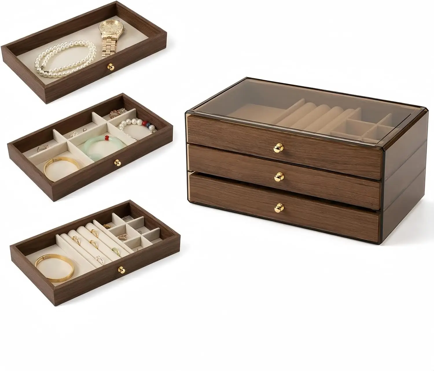 

3 - Layer Wooden Drawers Jewelry Box Jewelry Organizer Compartments for Earrings, Rings, Necklaces, Bracelets, Lipstick