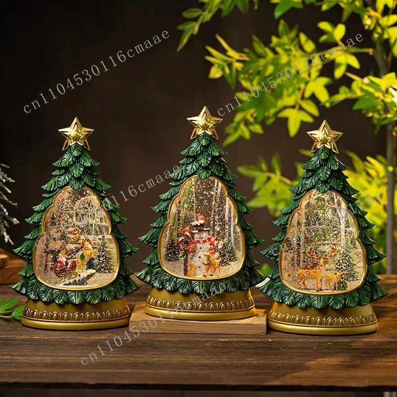 Echo resin LED music Christmas music box with rotating Christmas tree, Santa scene, animated snowman and deer decoration