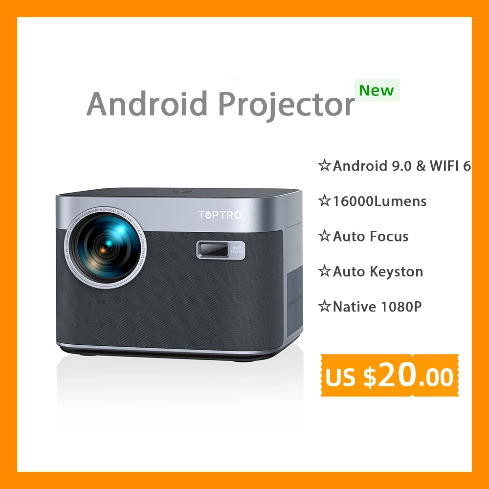 Proyector TOPTRO 4K 600ANSI Full HD 1080P 25000L WiFi6 Bluetooth Android Enfoque automático/Keystone Proyector de cine en casa