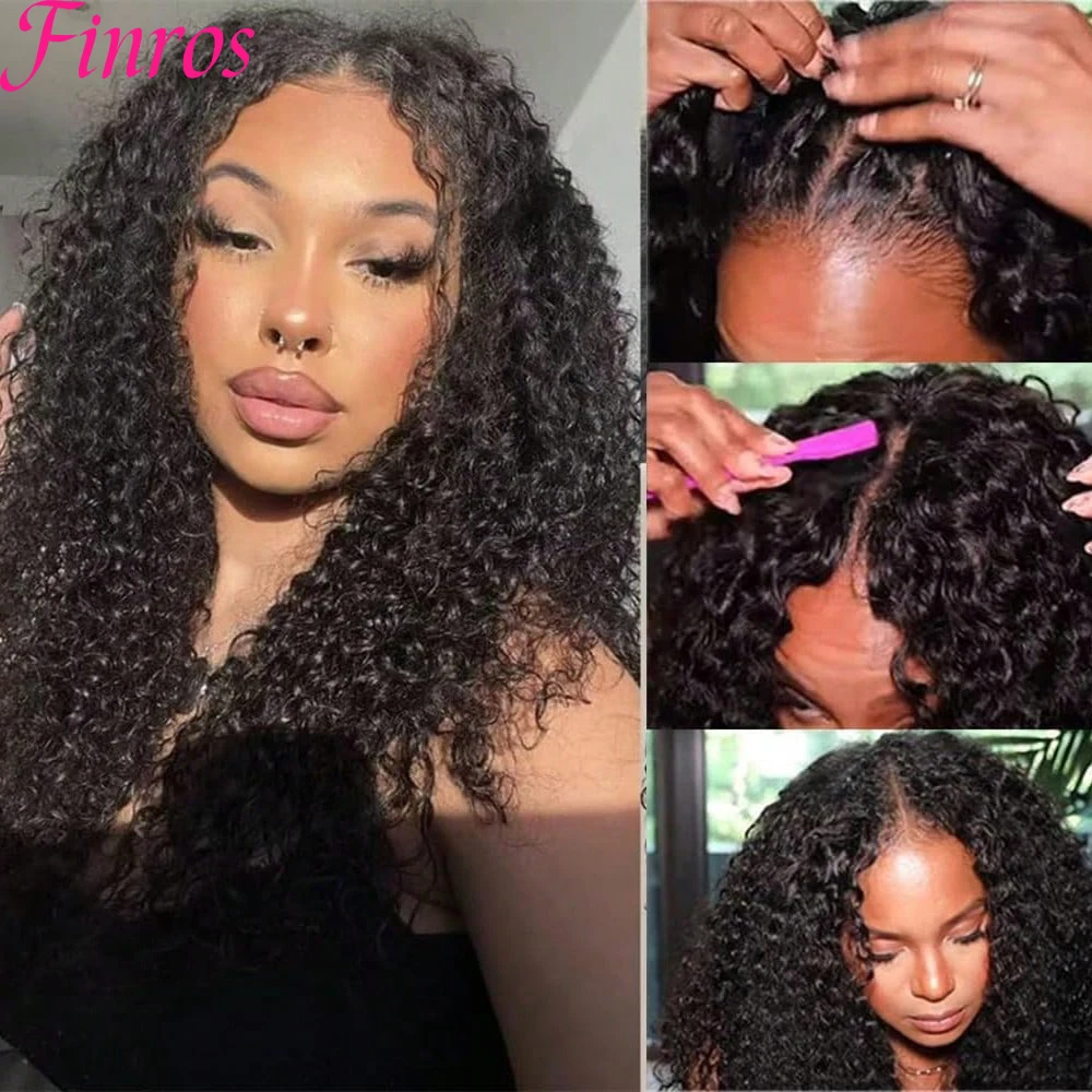 

Парик Finros Kinky Curly V-образной формы из натуральных волос, глубокая волна, без клея, черный, V-образный парик, бразильские парики из натуральных волос с эффектом водной волны