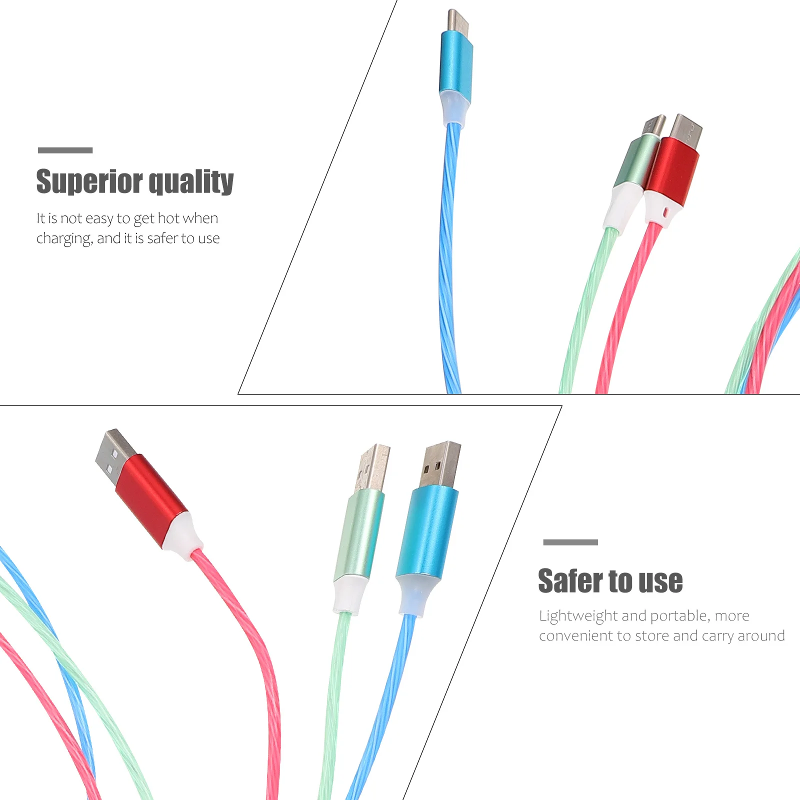 

3Pcs USB Type Cables Flowing Brightness Fast Charge Phone Charging Cord Compatible with Multiple Devices