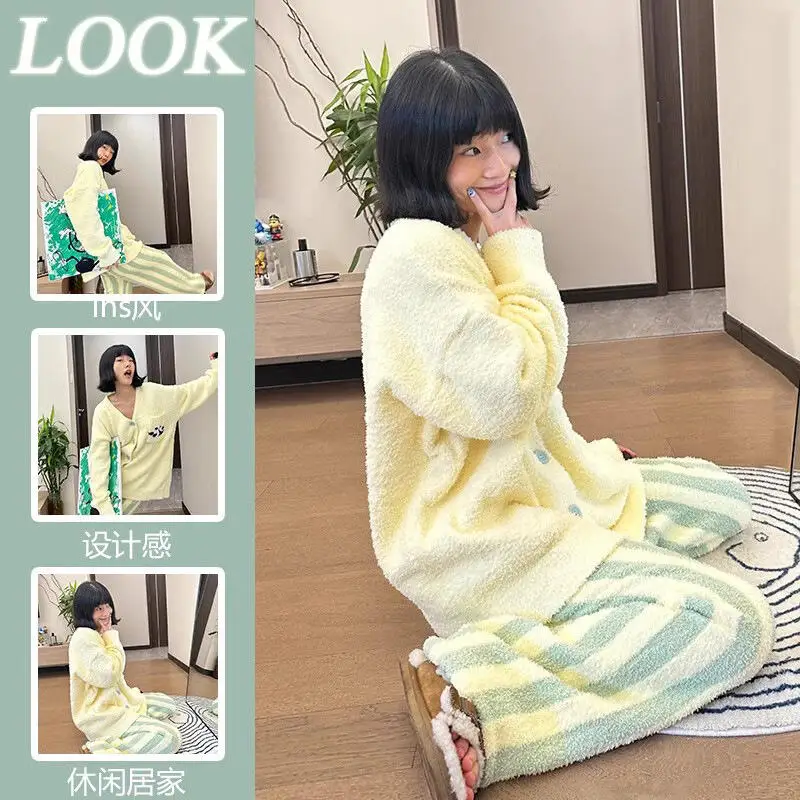 

Pajama Home Set Homeclothes Sleepwear Loungewear Girl's Long Sleeved Half-Pile Cardigan Velvet Nightgown Women's Autumn Winter