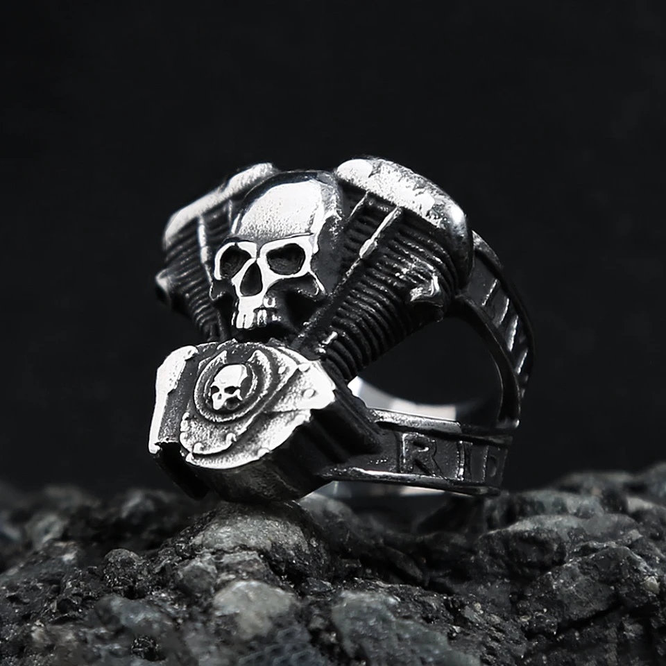 Fashion Vintage Steampunk Motorcycle Engine Skull Rings For Men 316L Stainless Steel Biker Hip Hop Jewelry Gifts Dropshipping