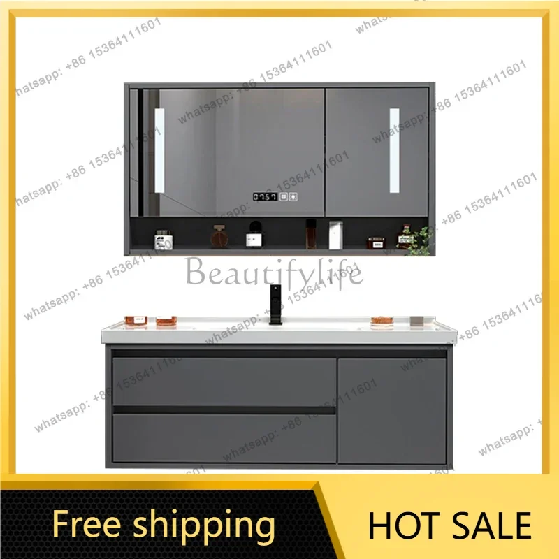 YJ Nordic Ceramic Bathroom Cabinet Modern Solid Wood Smart Multifunction Bathroom Mirror Vanity Combo Home Furniture Bagno FYBC