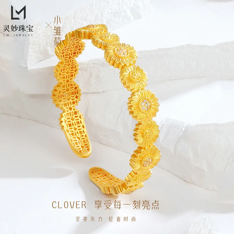 Gold shop same style small daisy bracelet pendant open solid bracelet 24K real gold 9999 new retro gift for girlfriend