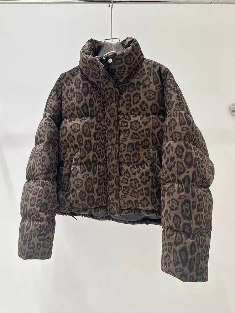 Y2K Leopard Print Crop Parkas Women Winter Warm Loose Puffer Jacket American Streetwear All Match Stand Collar Down Outerwears