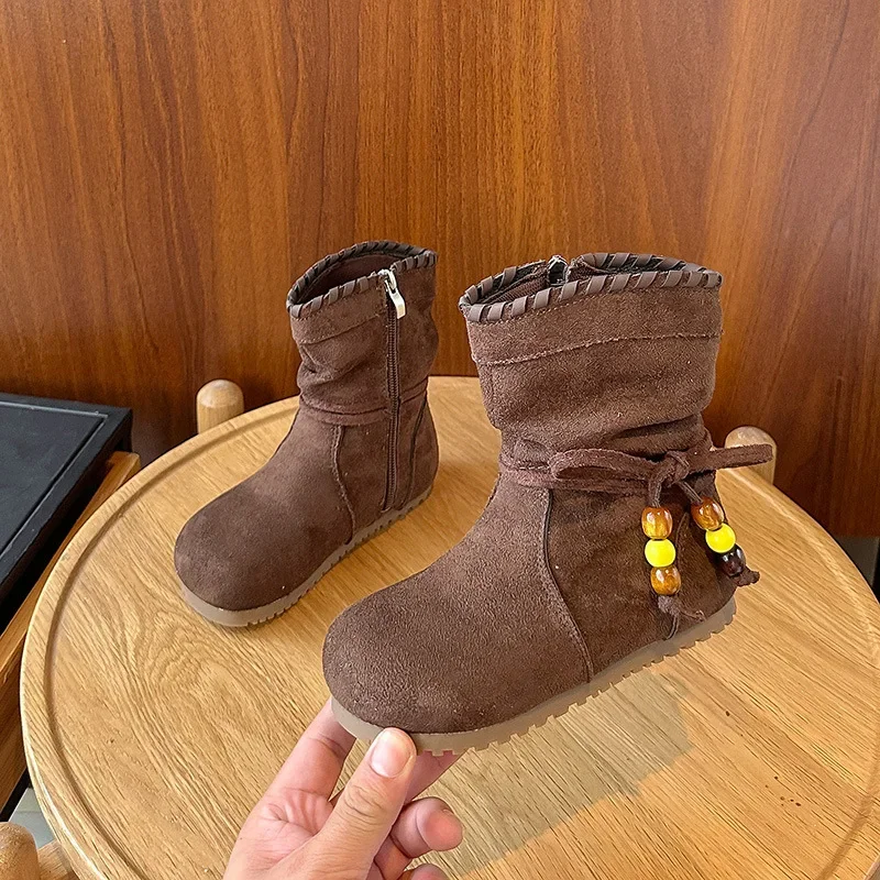 

2025 Winter Girls' Fashion Retro Mid Top Boots Children's Princess Leather Boots Anti-slip Sole Warm Lined Kids Footwear