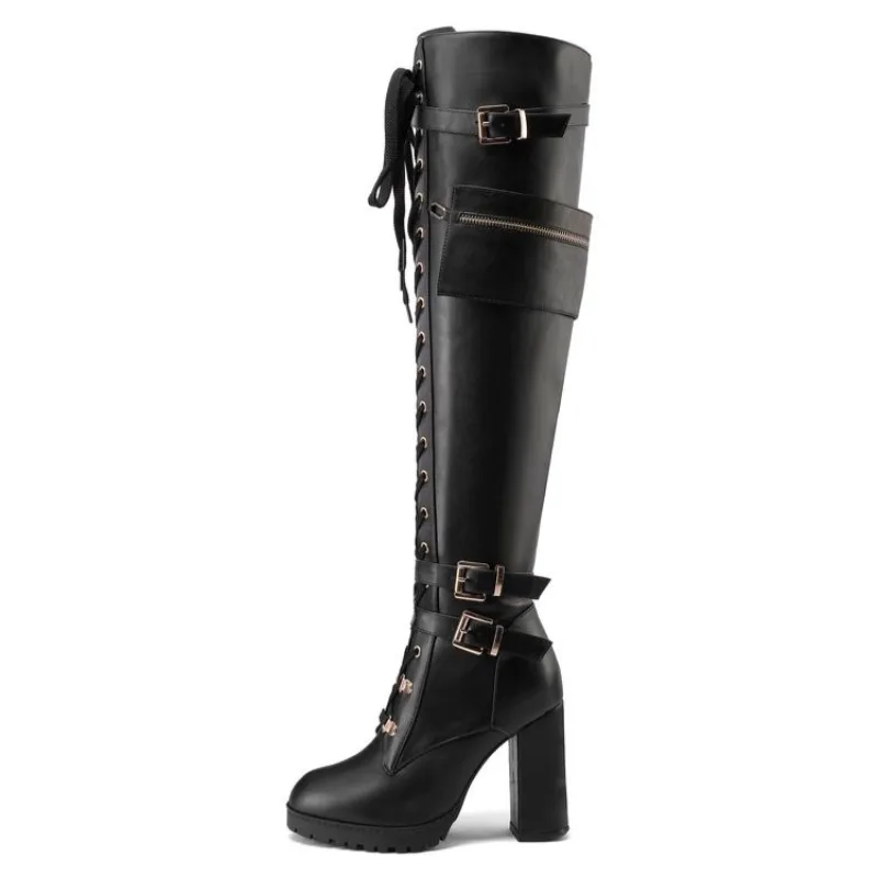 

Новые лаконичные сапоги выше колена с пряжкой на ремне и перекрестным ремешком, осень-зима, женские сапоги с круглым носком и боковой молнией на высоком каблуке 10 см, размер 43