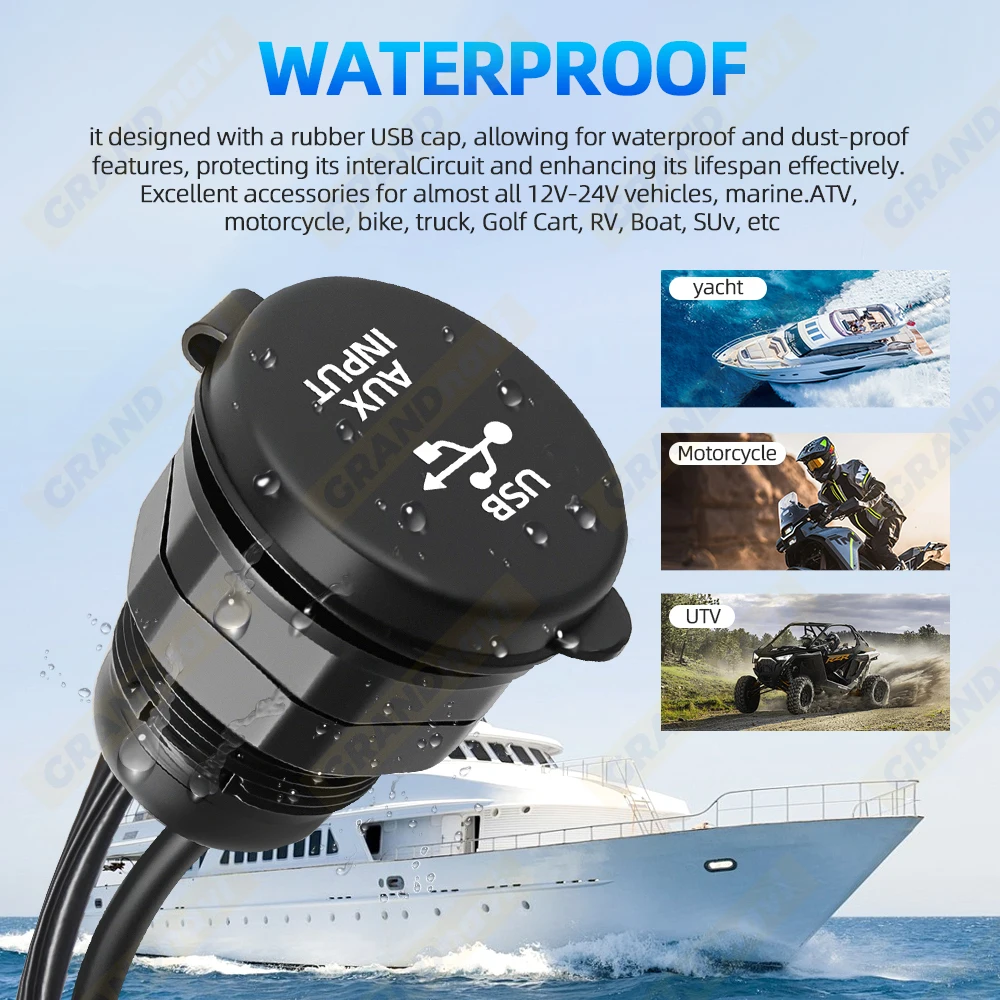 42CM Waterproof AUX Input USB Port Extension Lead Cable 3.5mm AUX RCA Combination Car for Marine Radio Audio Adapter USB 3.0