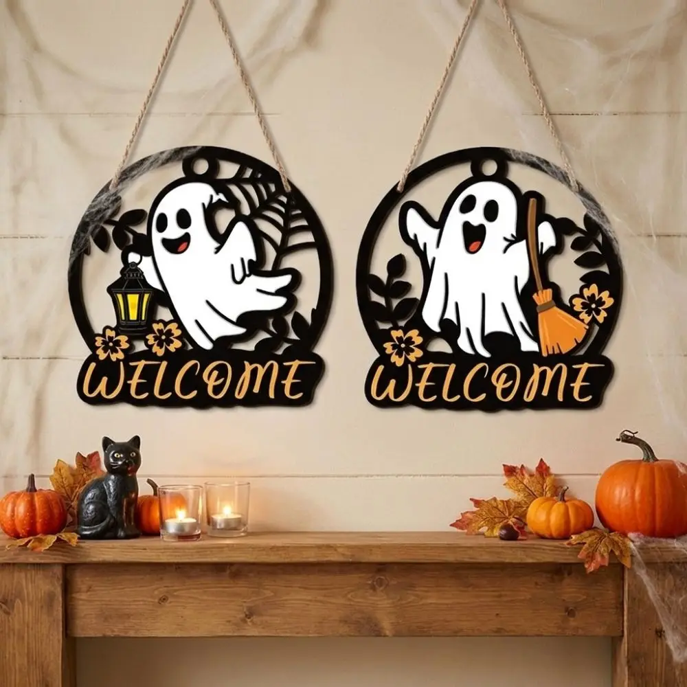 Round Halloween Ghost Door Hanger Cartoon with Witch Hat Ghost Hanging Plaque Rustic Hollow Out Welcome Wooden Wall Sign